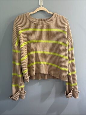 Beige Ribbed Cropped Sweater with Neon Yellow Stripes